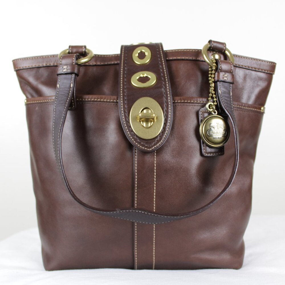Coach F13757 Lily Legacy Chocolate Brown Shoulder Bag With Turn lock Detail